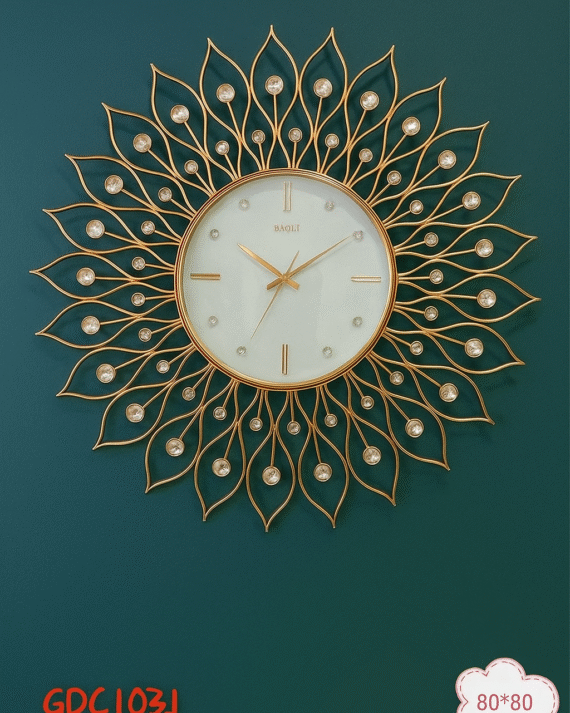 "Baoli GDC103J Royal Sunburst Wall Clock – 80x80 cm Golden Frame with Crystal Accents for Luxurious Home Décor"