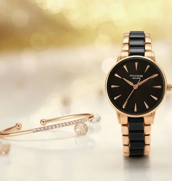 Sonata Poze Women’s Quartz Analog Watch — Black Dial, Black & Rose Gold Metal Strap with Crystals