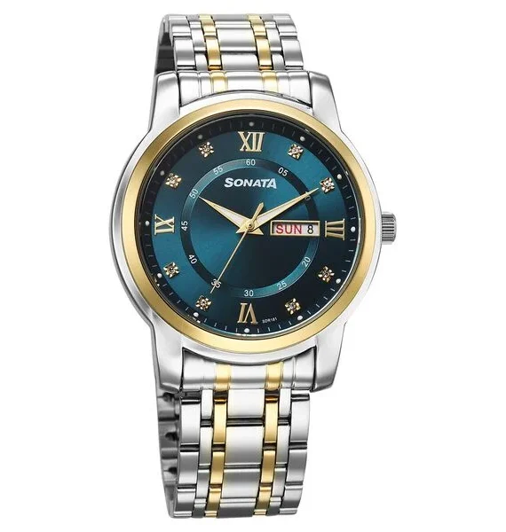 Sonata men’s analog quartz wedding watch featuring a bold blue dial and stainless steel strap.